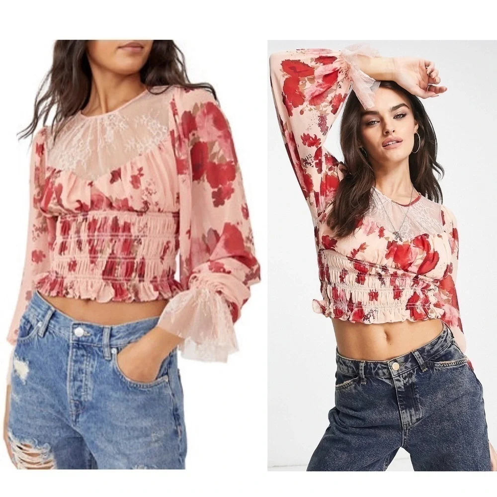 NWT FREE PEOPLE Floral Cropped Ruffle Long Sleeve Lace Smocked Regency Blouse XS